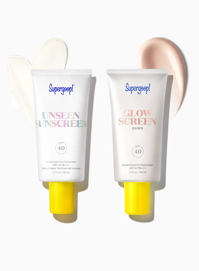 Supergoop! 2-in-1 Beauty Booster Set in Dawn / 1.7 oz. Texture and Packshot and goop