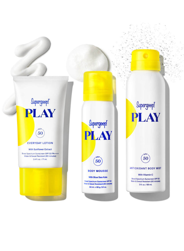 Supergoop! PLAY Everyday Lotion SPF 50 with Sunflower Extract packshot and texture for “3 Ways to PLAY” Travel Set