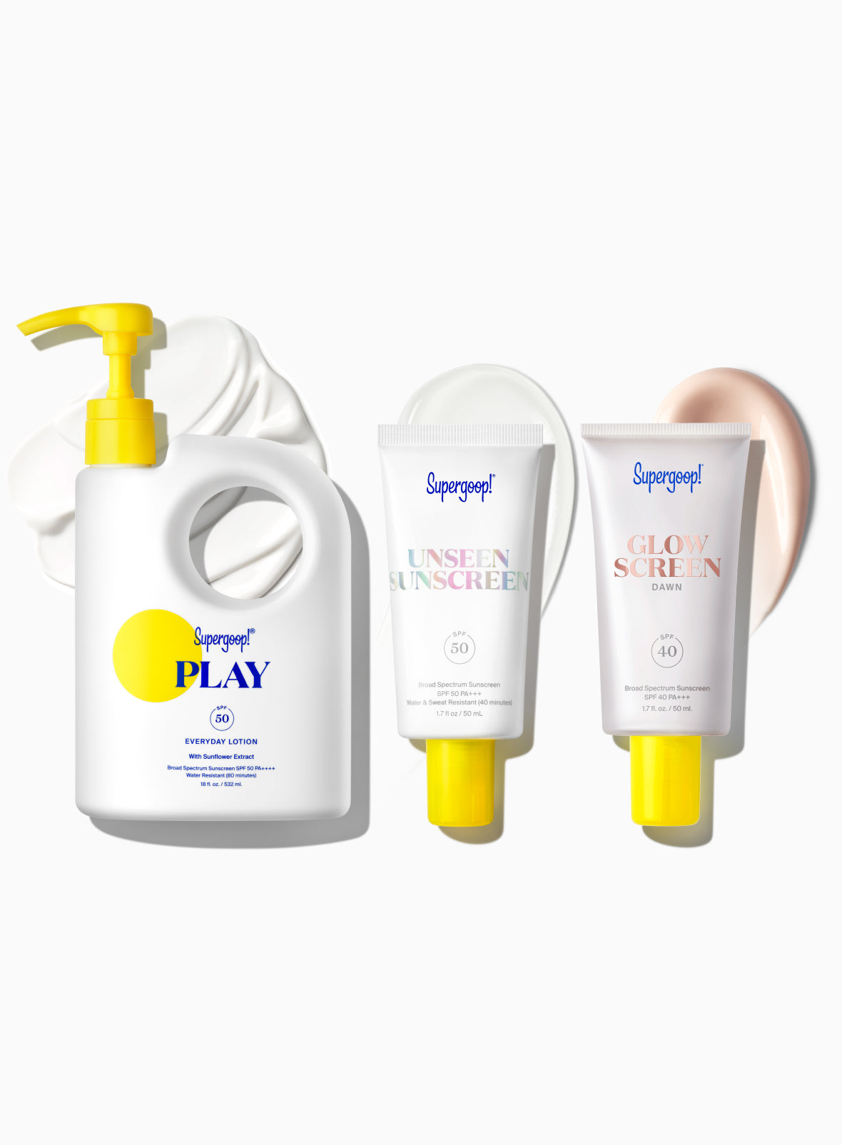 Supergoop! Award Winners SPF Super! Set PLAY Everyday Lotion SPF 50 with Sunflower Extract 18 fl. oz. Unseen Sunscreen SPF 50 1.7 fl. oz. Glowscreen SPF 40 Dawn / 1.7 fl. oz. Packshot and goop