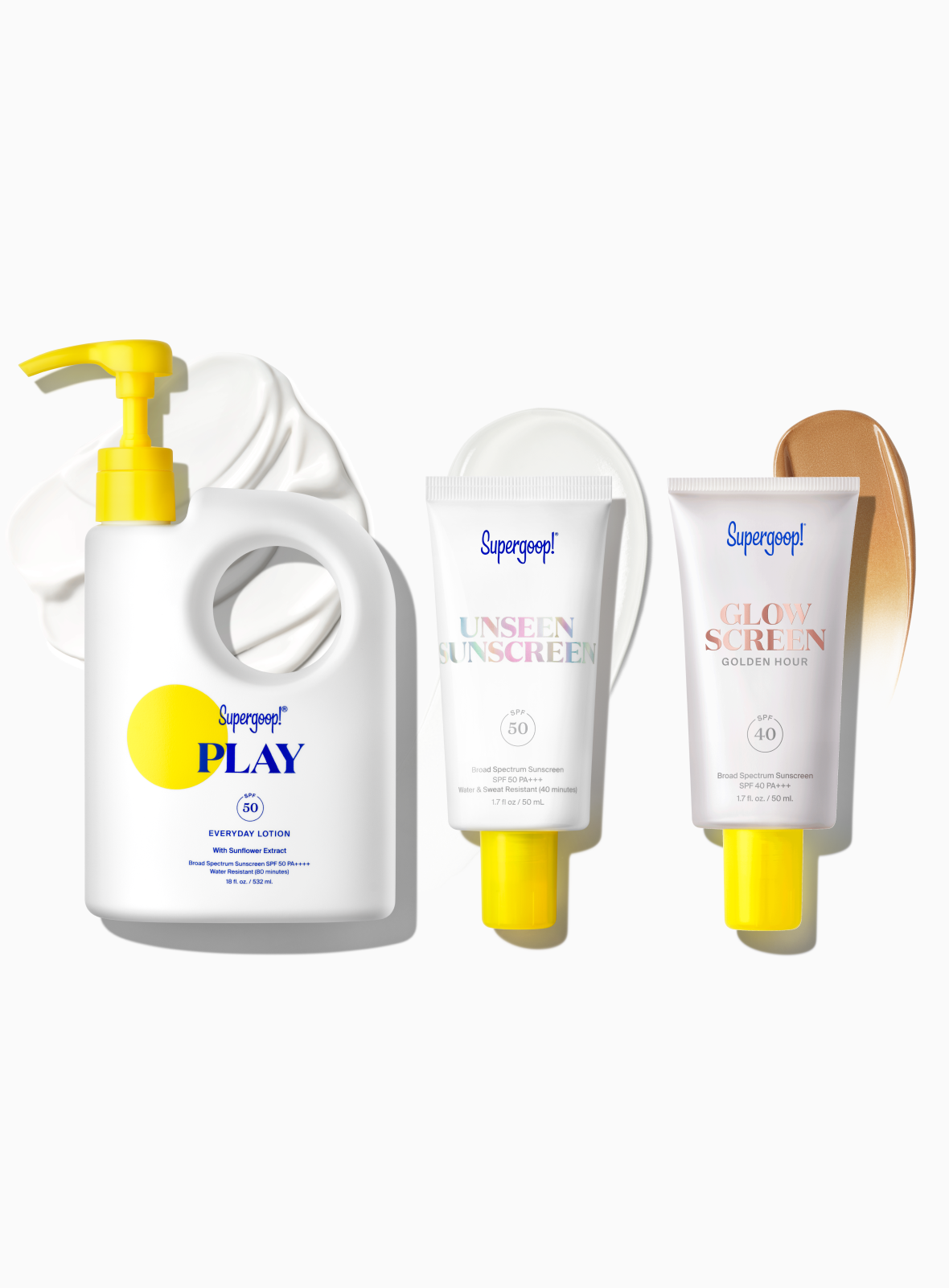 Supergoop! Award Winners SPF Super! Set PLAY Everyday Lotion SPF 50 with Sunflower Extract 18 fl. oz. Unseen Sunscreen SPF 50 1.7 fl. oz. Glowscreen SPF 40 Golden Hour / 1.7 fl. oz. Packshot and goop