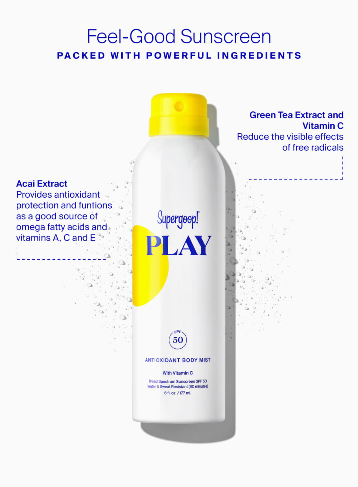 Supergoop! PLAY Antioxidant Body Mist SPF 50 with Vitamin C 6 fl. oz. 3 fl. oz. 2-pack 3-pack Mist ingredient callout