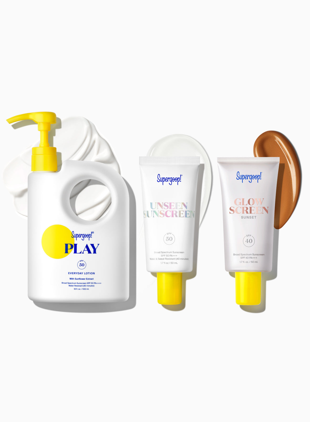 Supergoop! Award Winners SPF Super! Set PLAY Everyday Lotion SPF 50 with Sunflower Extract 18 fl. oz. Unseen Sunscreen SPF 50 1.7 fl. oz. Glowscreen SPF 40 Sunset / 1.7 fl. oz. Packshot and goop