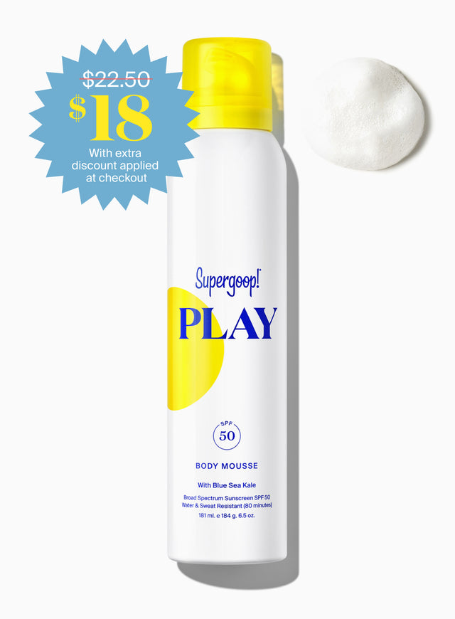 Supergoop! PLAY Body Mousse SPF 50 with Blue Sea Kale / 6.5 oz. Packshot and goop SALE