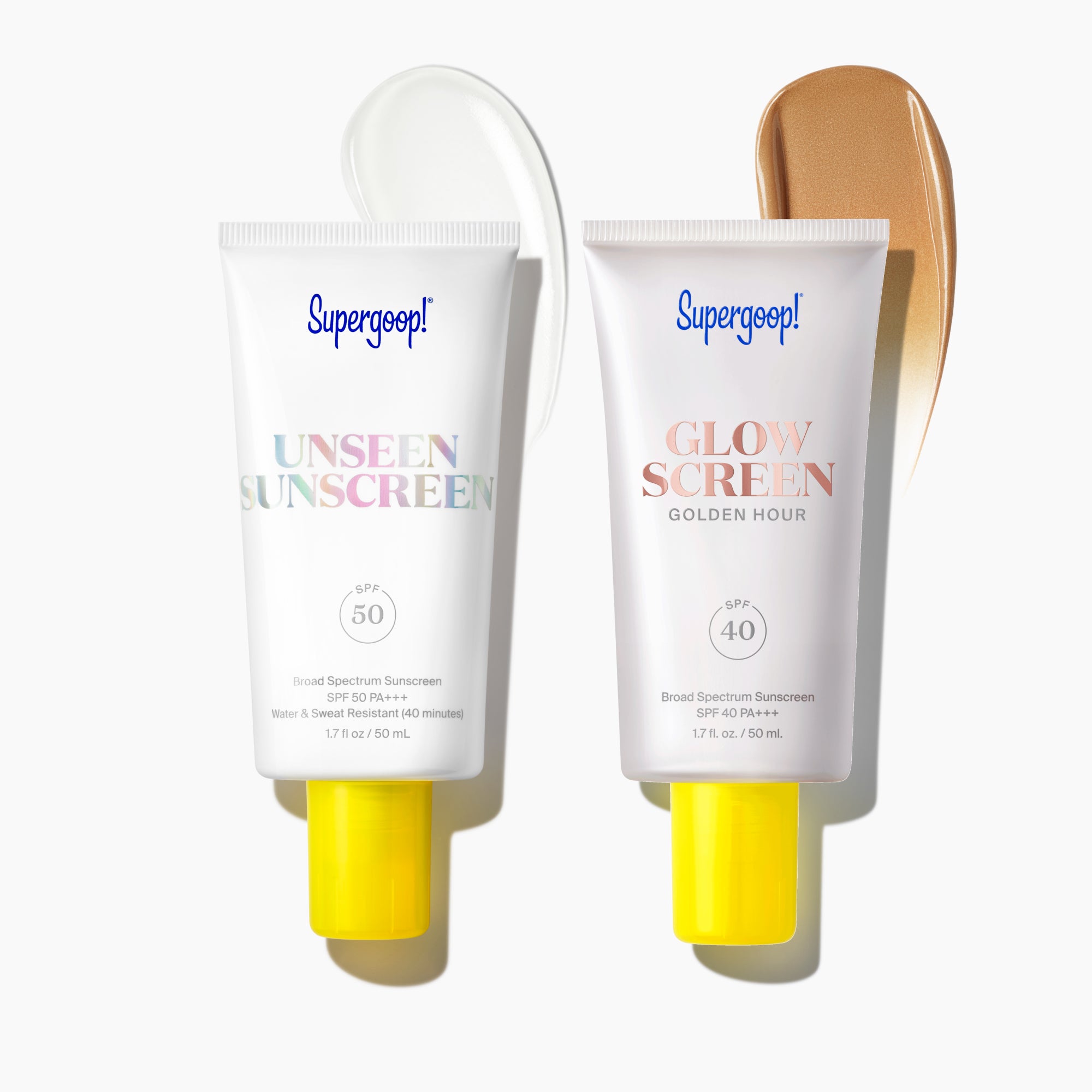Supergoop! 2-in-1 Beauty Booster Set in Golden Hour / 1.7 oz. Texture and Packshot and goop