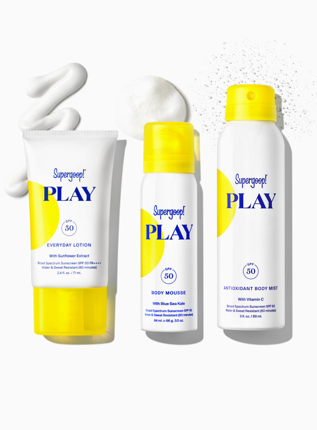 Supergoop! PLAY Everyday Lotion SPF 50 with Sunflower Extract packshot and texture for “3 Ways to PLAY” Travel Set