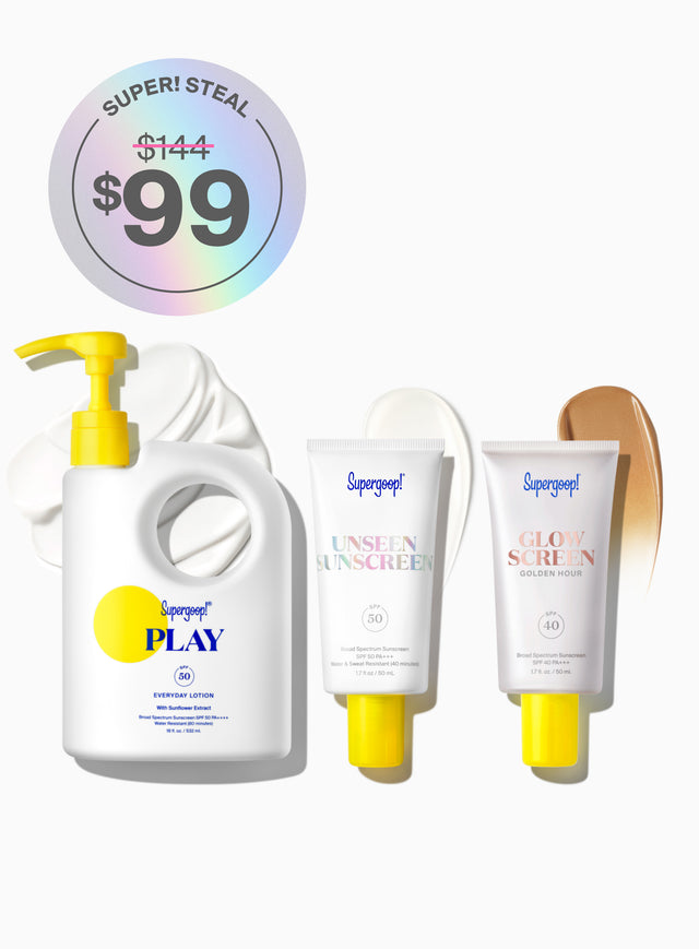 Supergoop! Award Winners SPF Super! Set PLAY Everyday Lotion SPF 50 with Sunflower Extract 18 fl. oz. Unseen Sunscreen SPF 40 1.7 fl. oz. Glowscreen SPF 40 Sunrise, Dawn, Golden Hour, Sunset / 1.7 fl. oz. goop