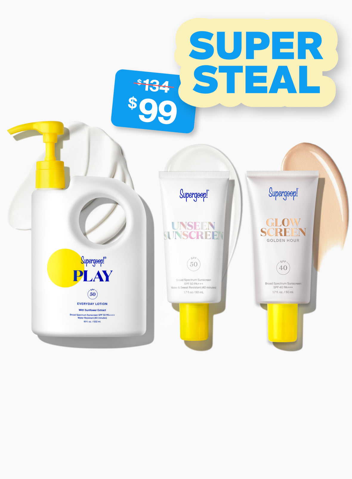 Supergoop! Award Winners SPF Super! Set PLAY Everyday Lotion SPF 50 with Sunflower Extract 18 fl. oz. Unseen Sunscreen SPF 40 1.7 fl. oz. Glowscreen SPF 40 Sunrise, Dawn, Golden Hour, Sunset / 1.7 fl. oz. goop