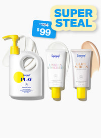 Supergoop! Award Winners SPF Super! Set PLAY Everyday Lotion SPF 50 with Sunflower Extract 18 fl. oz. Unseen Sunscreen SPF 40 1.7 fl. oz. Glowscreen SPF 40 Sunrise, Dawn, Golden Hour, Sunset / 1.7 fl. oz. goop