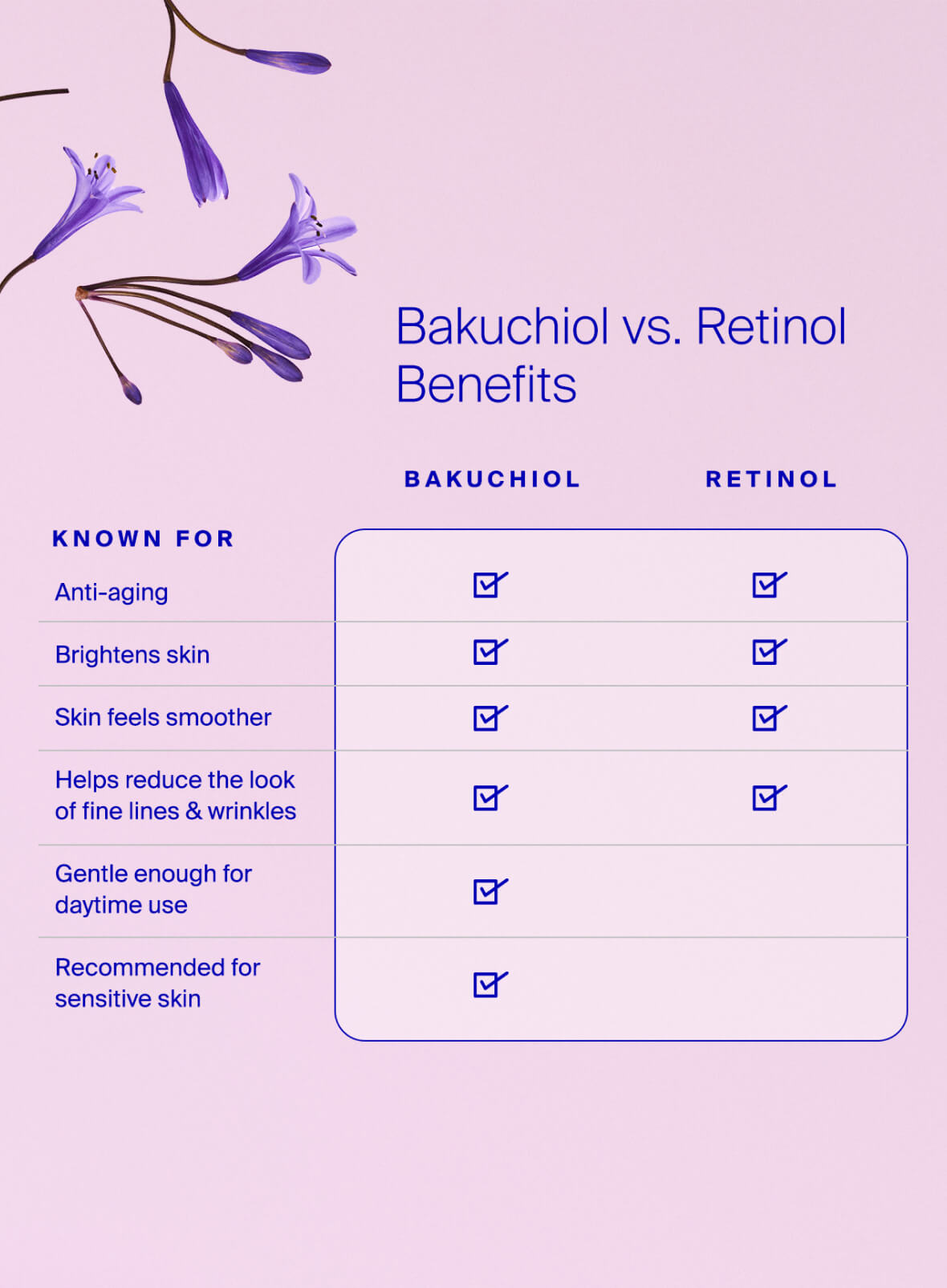 Daily Dose Bioretinol + Mineral SPF 40 Bakuchoil vs. Retinol Benefits. Bakuchiol is known for Anti-aging, Brightens skin, Skin feels smoother, Helps reduce the look of fine lines & wrinkles, Gentle enough for daytime use, Safe for sensitive & acne-prone skin. Retinol is known for Anti-aging, Brightens skin, Skin feels smoother, Helps reduce the look of fine lines & wrinkles