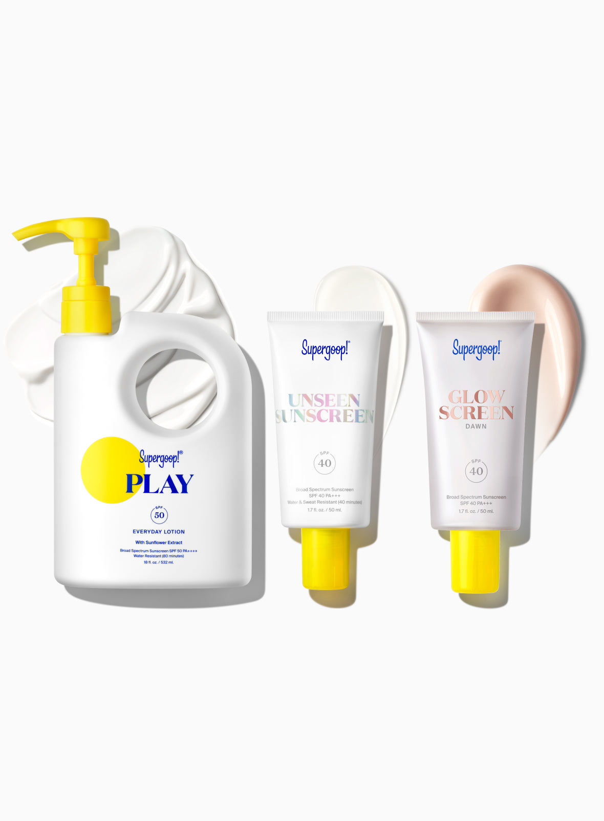 Supergoop! Award Winners SPF Super! Set PLAY Everyday Lotion SPF 50 with Sunflower Extract 18 fl. oz. Unseen Sunscreen SPF 40 1.7 fl. oz. Glowscreen SPF 40 Dawn / 1.7 fl. oz. Packshot and goop