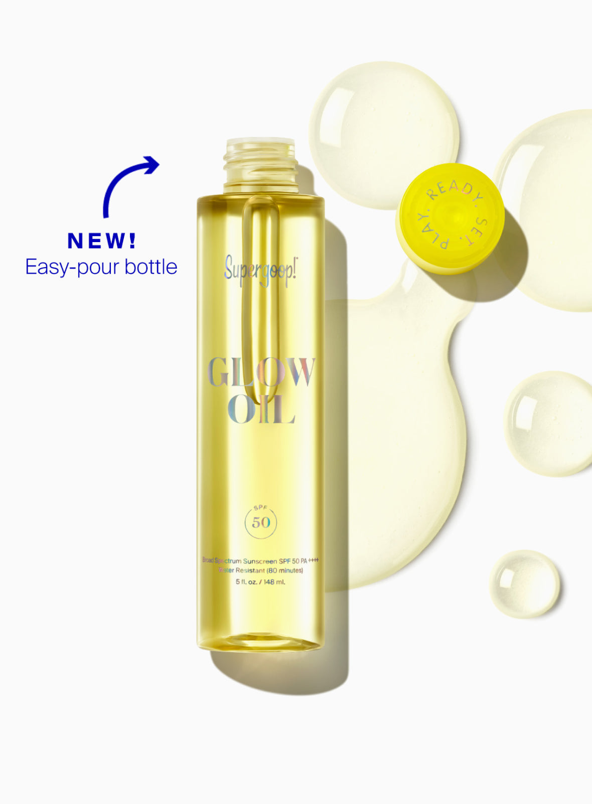 Supergoop! Glow Oil SPF 50 5 fl. oz. Packshot with copy callout "NEW! Easy-pour bottle"