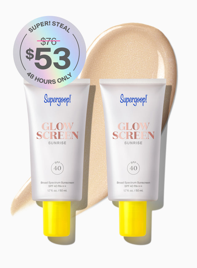 Supergoop! Glowscreen SPF 40 Sunrise / 1.7 fl. oz. , Glowscreen SPF 40 Sunrise / 2.5 fl. oz. and Glowscreen SPF 40 Sunrise / 0.68 fl. oz.Sunrise / 2-pack product swatch on model