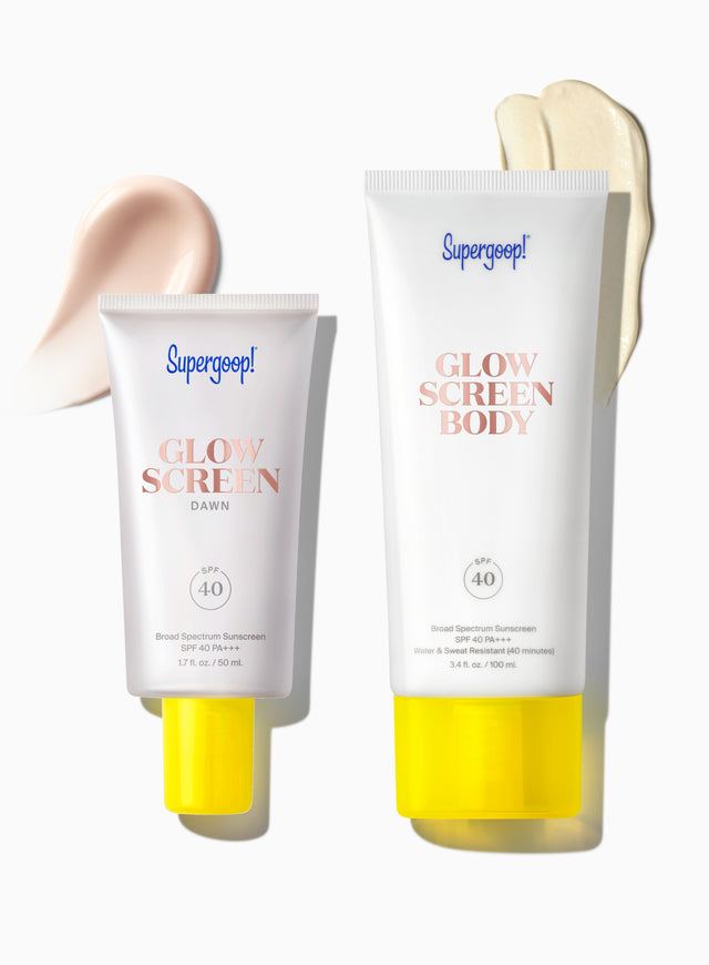 Supergoop! Glowscreen Body SPF 40 and Glowscreen SPF 40 / Dawn packshot with textures