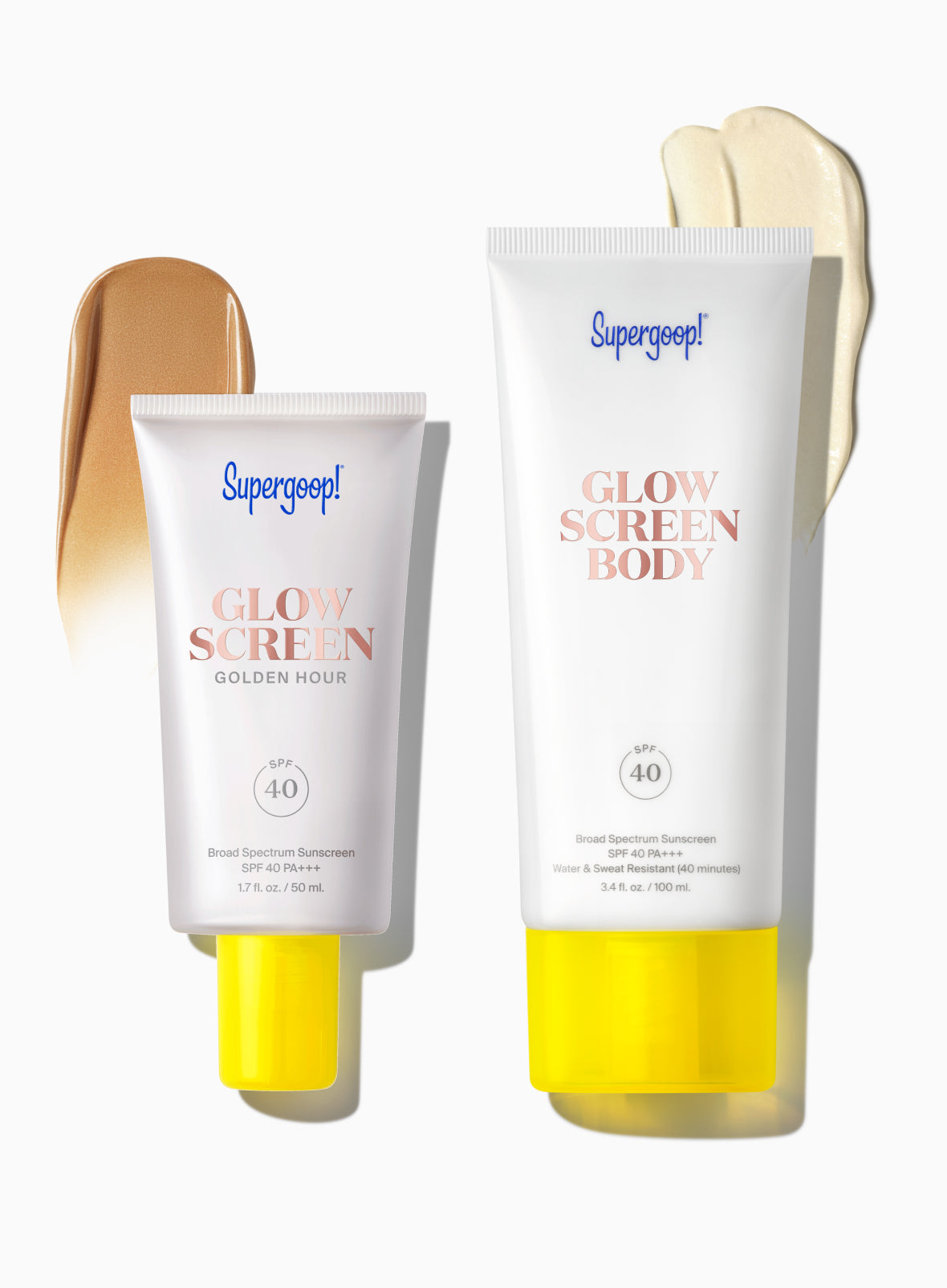 Supergoop! Glowscreen Body SPF 40 and Glowscreen SPF 40 / Golden Hour packshot with textures