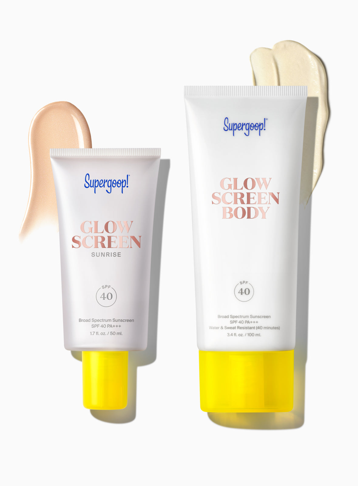 Supergoop! Glowscreen Body SPF 40 and Glowscreen SPF 40 / Sunrise packshot with textures