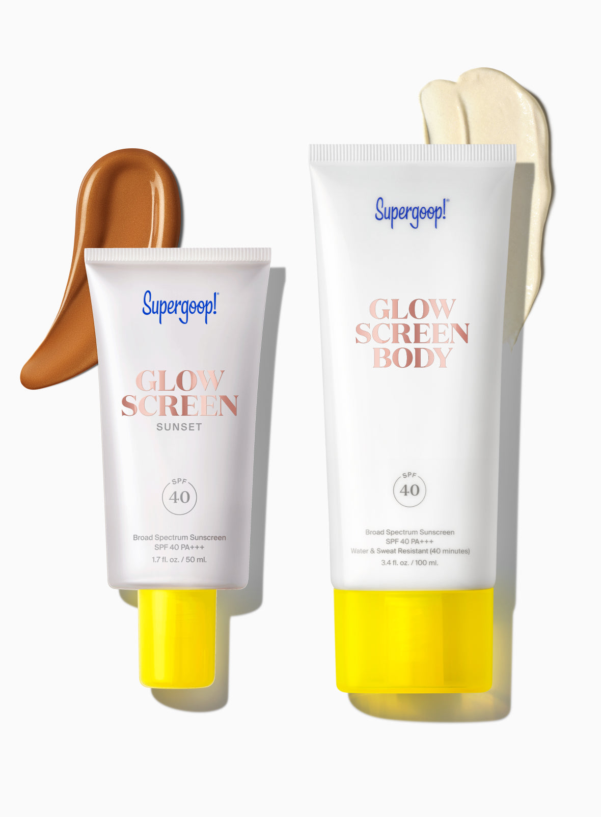 Supergoop! Glowscreen Body SPF 40 and Glowscreen SPF 40 / Sunset packshot with texture