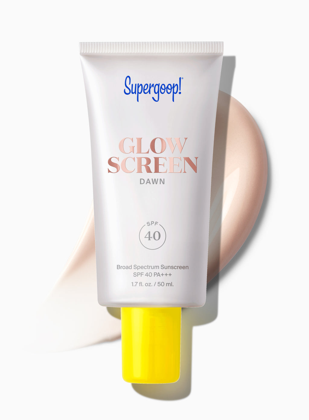 Supergoop Glowscreen SPF 40 Dawn tube with luminous beige swatch; tinted SPF blue light sunscreen on white background.