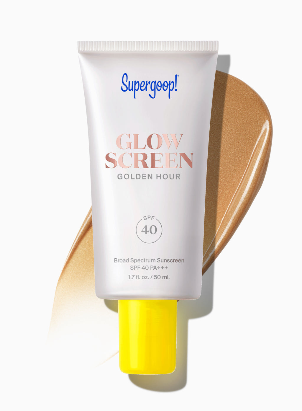 Supergoop Glowscreen SPF 40 GoldenHour tube with luminous beige swatch; tinted SPF blue light sunscreen on white background.