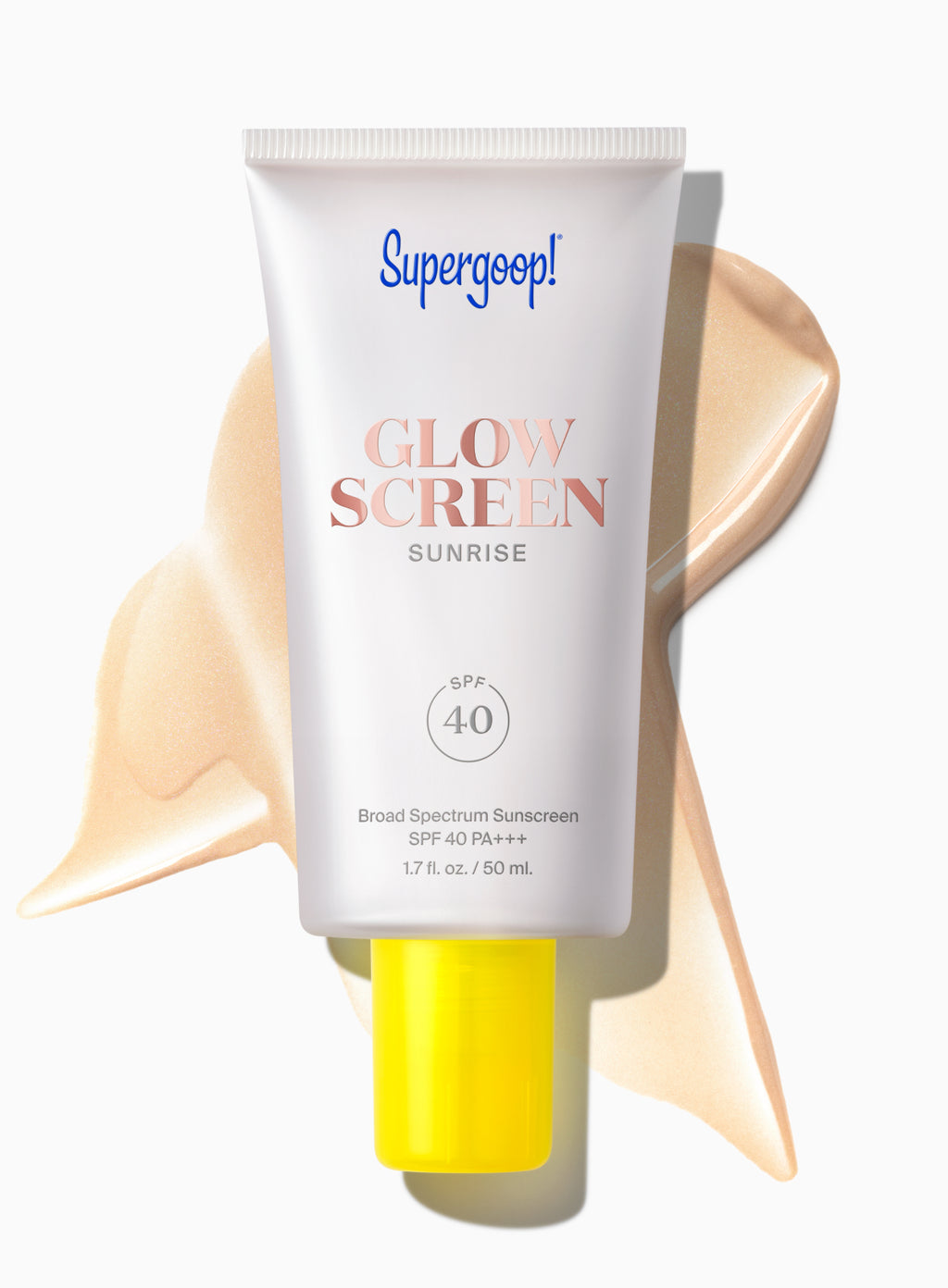 Supergoop Glowscreen SPF 40 Sunrise tube with luminous beige swatch; tinted SPF blue light sunscreen on white background.