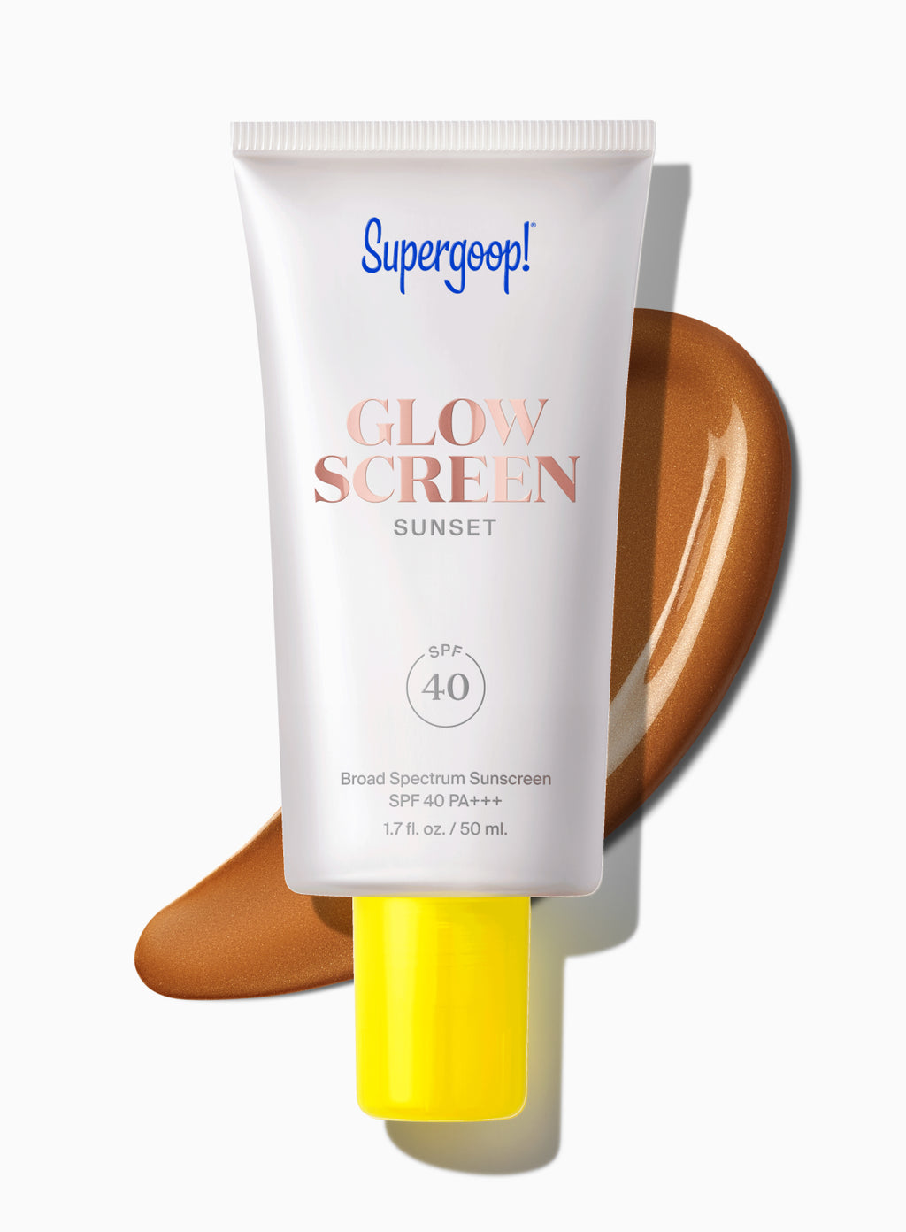 Supergoop Glowscreen SPF 40 Sunset tube with luminous beige swatch; tinted SPF blue light sunscreen on white background.
