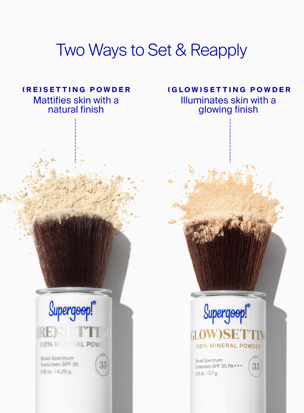 Supergoop! (Glow)setting 100% Mineral Powder SPF 35 / 0.13 oz Mattifies skin with a natural finish. (Glow)setting Powder 100% Mineral SPF 35: Illuminates skin with a glowing finish.