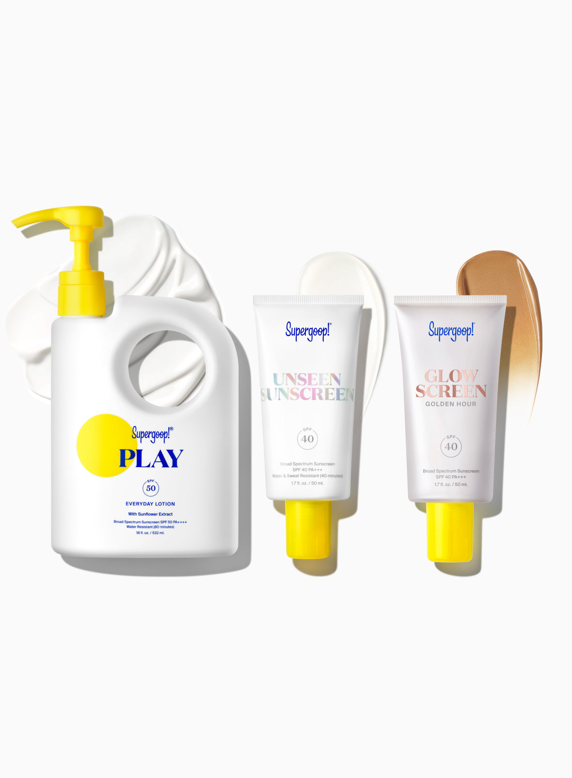 Supergoop! Award Winners SPF Super! Set PLAY Everyday Lotion SPF 50 with Sunflower Extract 18 fl. oz. Unseen Sunscreen SPF 40 1.7 fl. oz. Glowscreen SPF 40 Golden Hour / 1.7 fl. oz. Packshot and goop