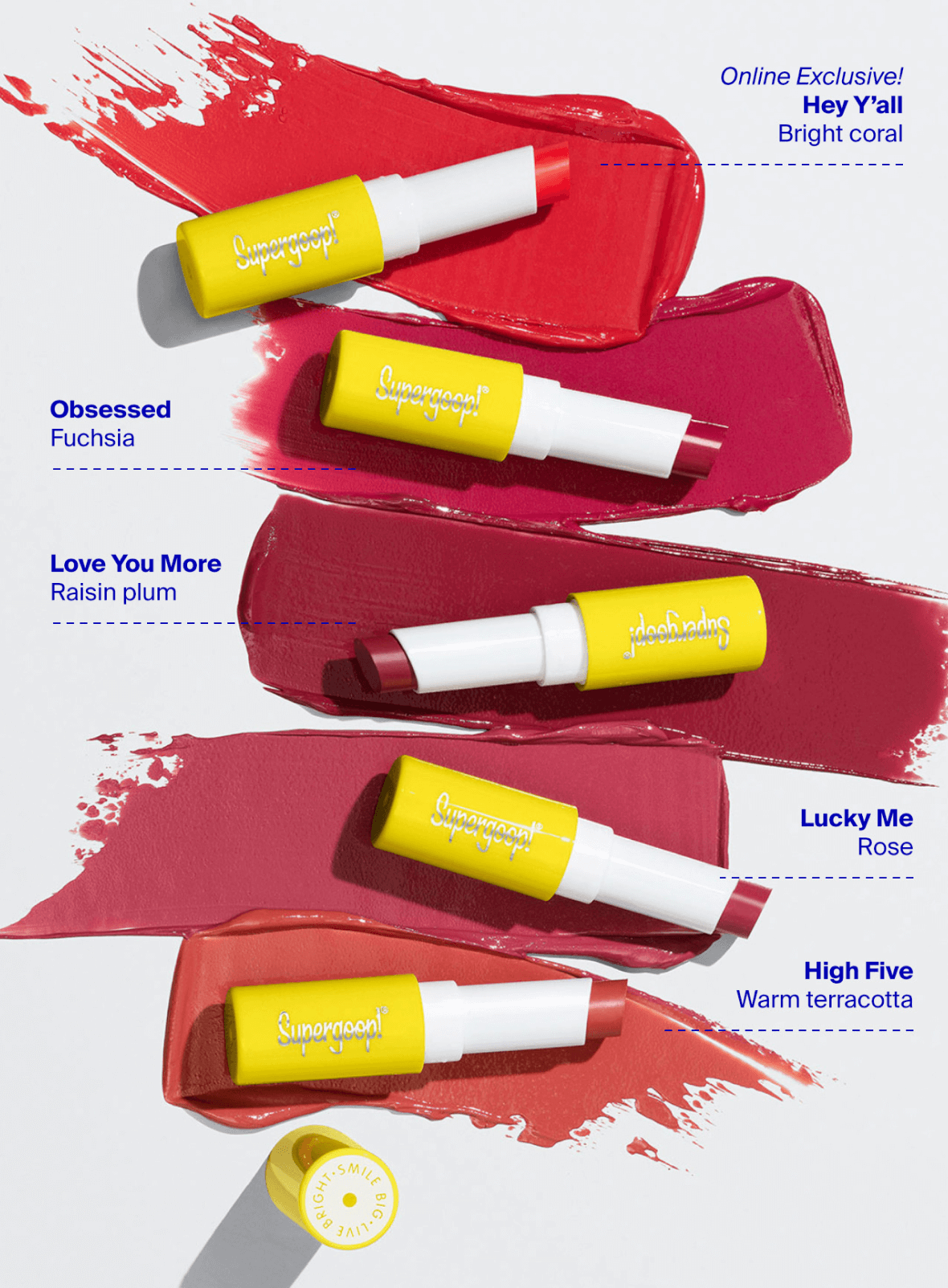 Lipshade 100% Mineral SPF 30 Hydrating Lipstick editorial image of packshot with texture swatches. Online Exclusive! Hey Y'all (Bright Coral), Obsessed (Fuchsia), Love You More (Raisin plum), Lucky Me (Rose) and High Five (Warm terracotta)