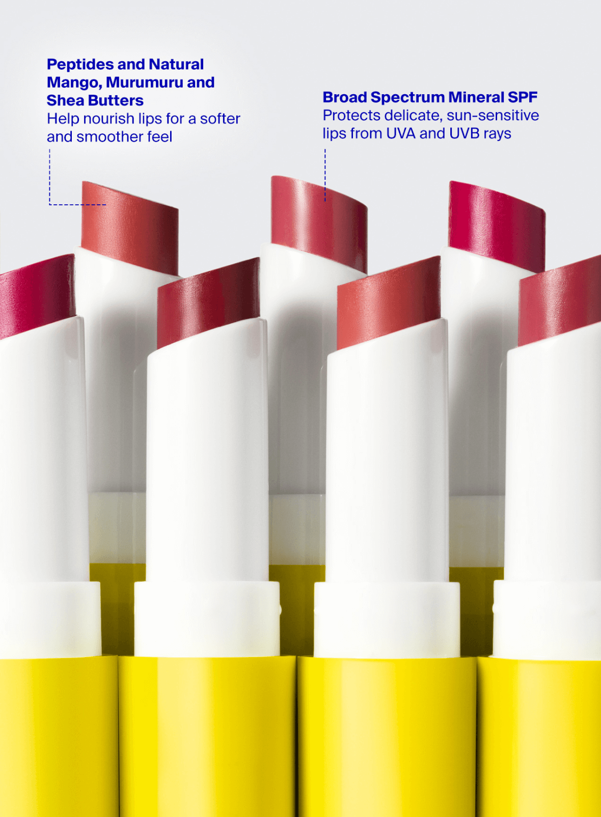 Lipshade 100% Mineral SPF 30 Hydrating Lipstick in shades Hey Y'all, High Five, Lucky Me, Obsessed and Love You More. Ingredients Callouts Mango, Shea & Murumuru Butters Help lock in hydration & nourish lips. Plant-Derived Oils Soothe & deliver a soft shine for naturally softer, fuller & smoother lips. Natural Peptides & Portulaca Pilosa Extracts Help maintain a plump appearance & smooth, full shape100% Mineral SPF Protects delicate, sun-sensitive lips from UVA and UVB rays.