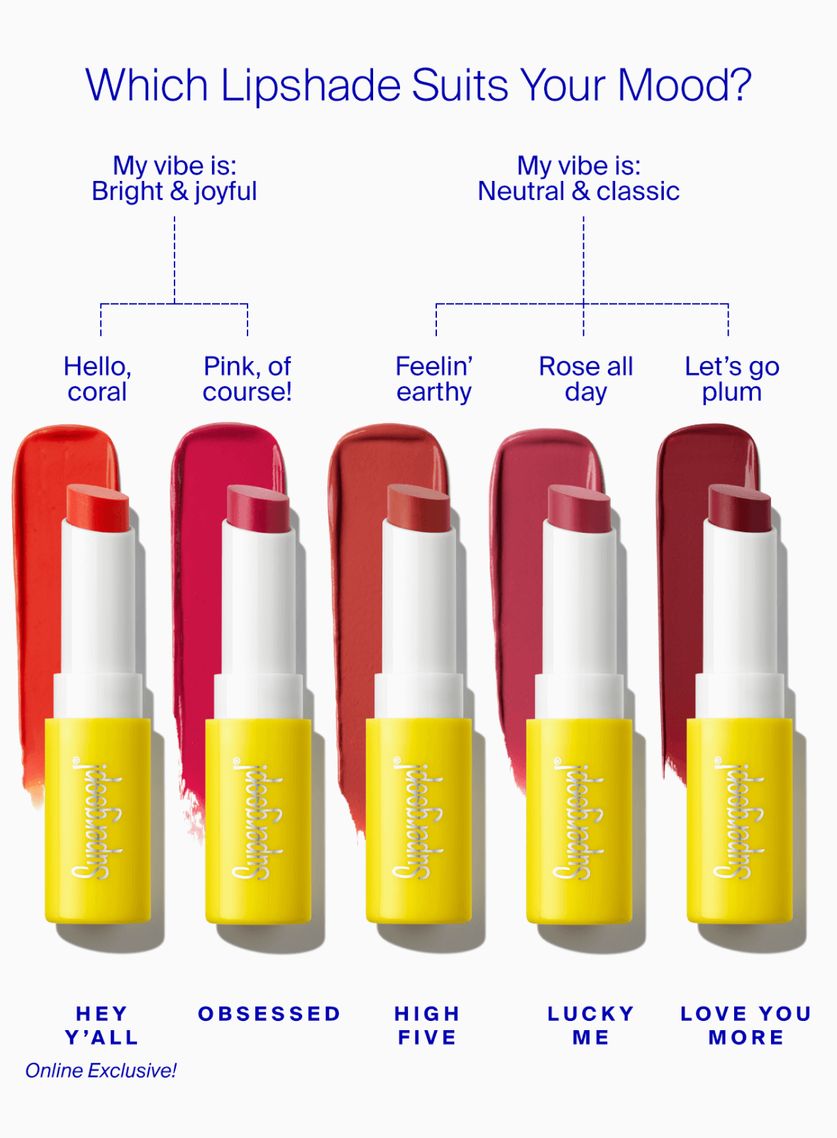 Lipshade 100% Mineral SPF 30 Hydrating Lipstick in shades Hey Y'all, High Five, Lucky Me, Obsessed and Love You More. "Which Lipshade Suits Your Mood?" decision tree.