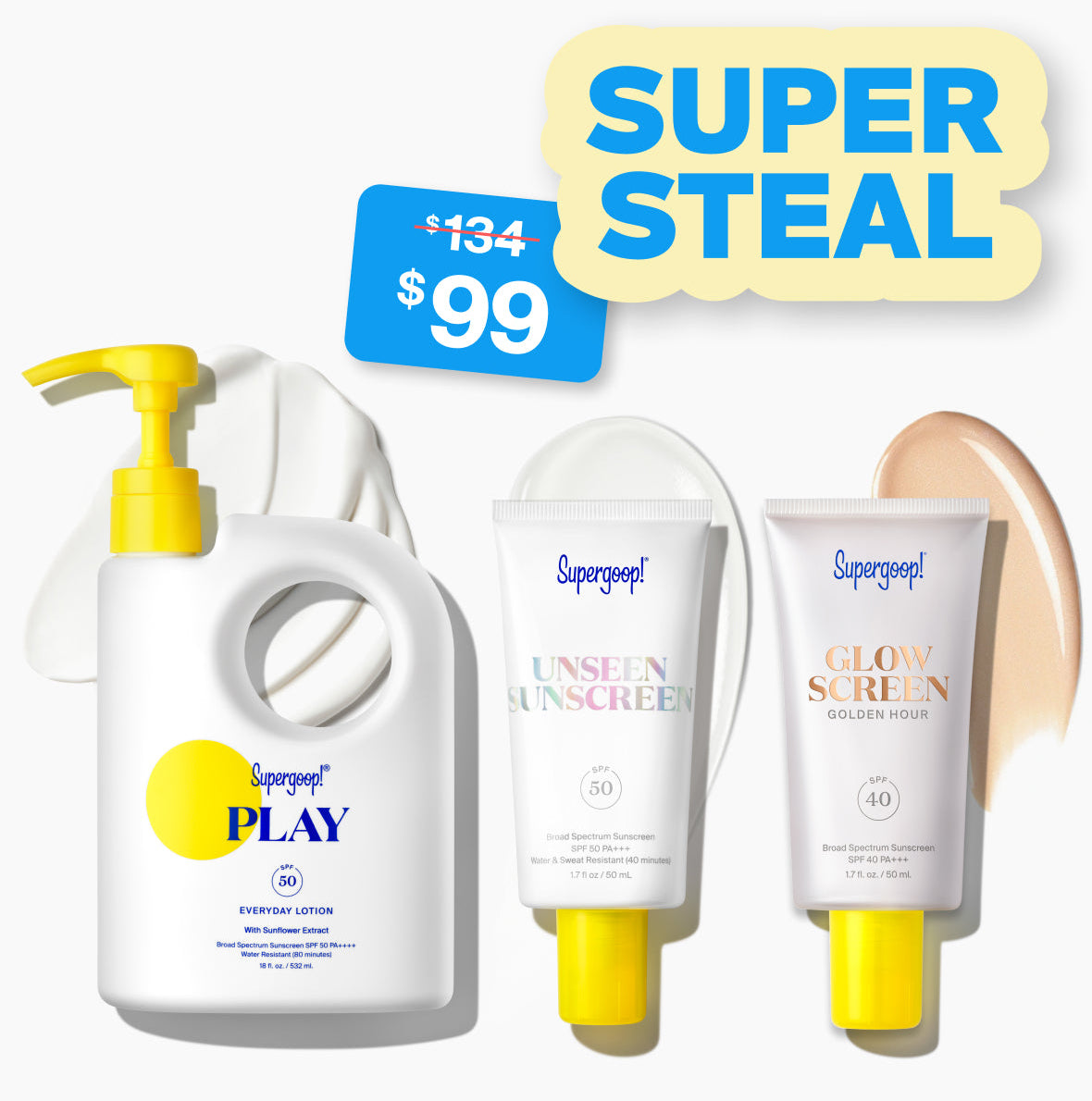 Supergoop! Award Winners SPF Super! Set PLAY Everyday Lotion SPF 50 with Sunflower Extract 18 fl. oz. Unseen Sunscreen SPF 40 1.7 fl. oz. Glowscreen SPF 40 Sunrise, Dawn, Golden Hour, Sunset / 1.7 fl. oz. goop