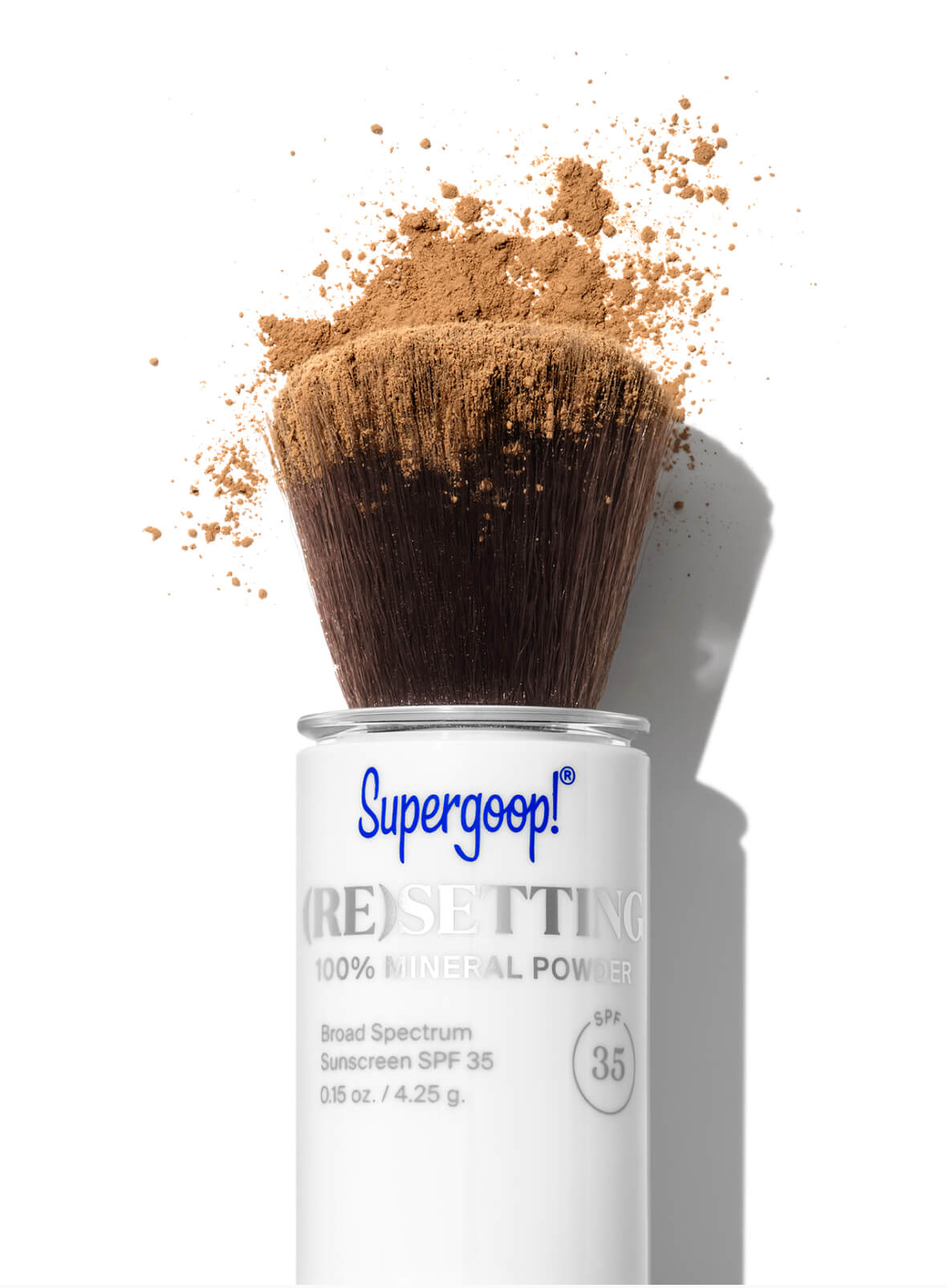 Supergoop! (Re)setting 100% Mineral Powder SPF 35 applicator and texture for Matte Prime & Reapply Set with Deep Powder