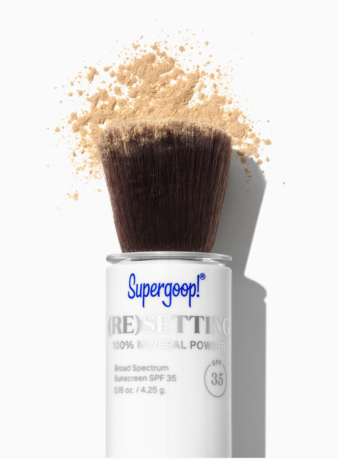 Supergoop! (Re)setting 100% Mineral Powder SPF 35 applicator and texture for Matte Prime & Reapply Set with Light Powder