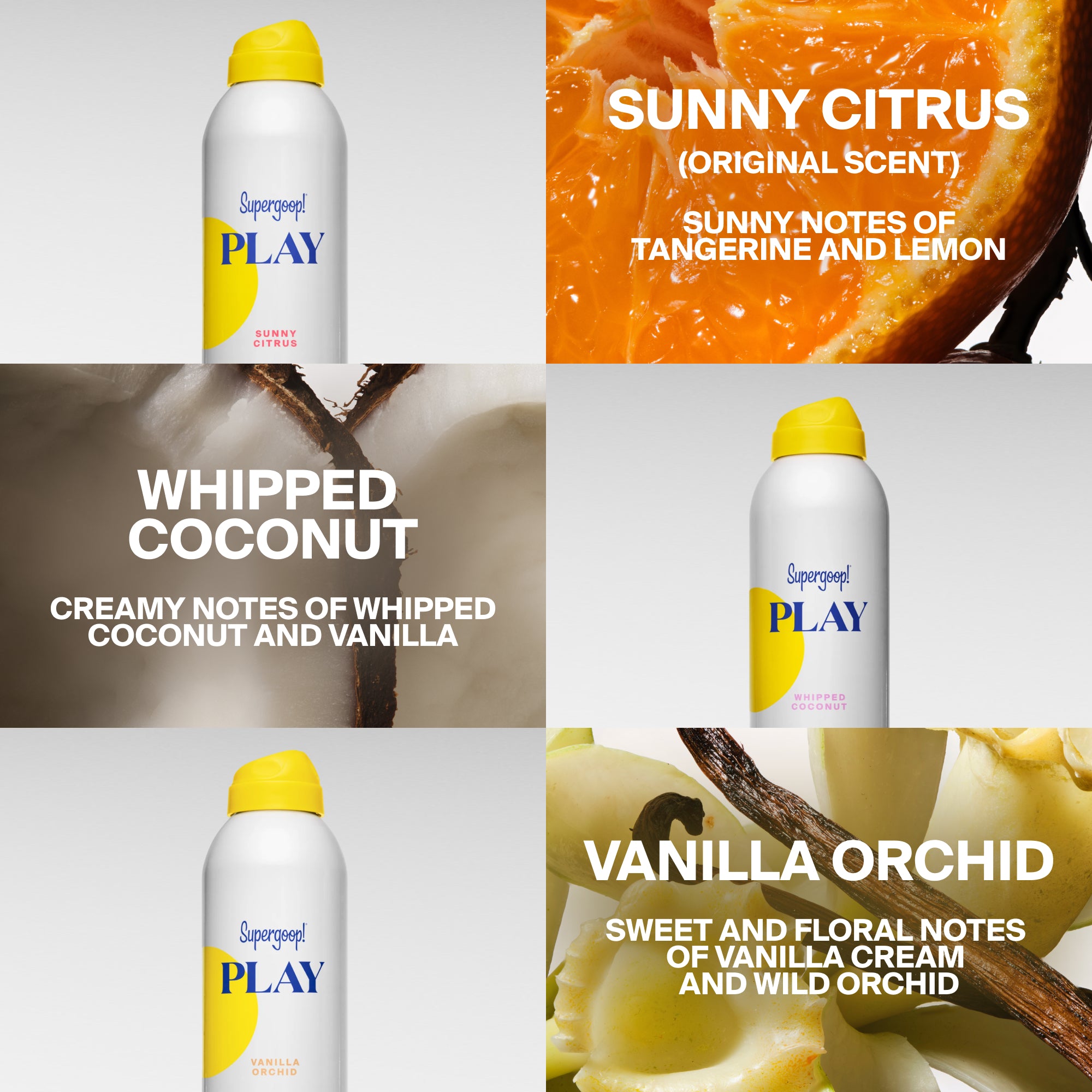 Supergoop! PLAY Antioxidant Body Mist SPF 50 with Vitamin C Sunny Citrus 6 fl. oz. 3 fl. oz. 3-pack Whipped Coconut 6 fl. oz. Vanilla Orchid 6 fl. oz.