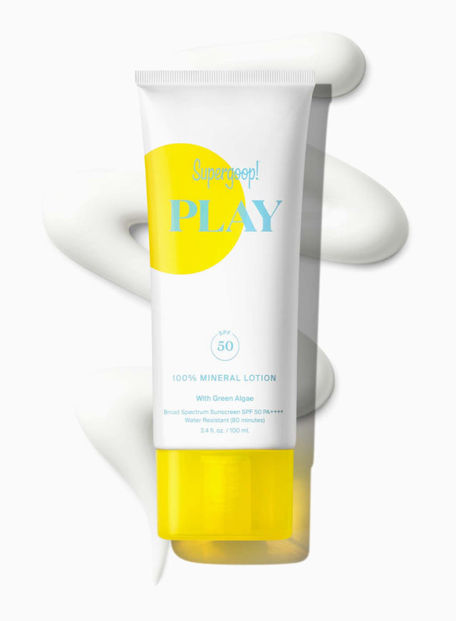 PLAY 100% Mineral Lotion SPF 50 with Green Algae / 3.4 fl. oz. Packshot and goop