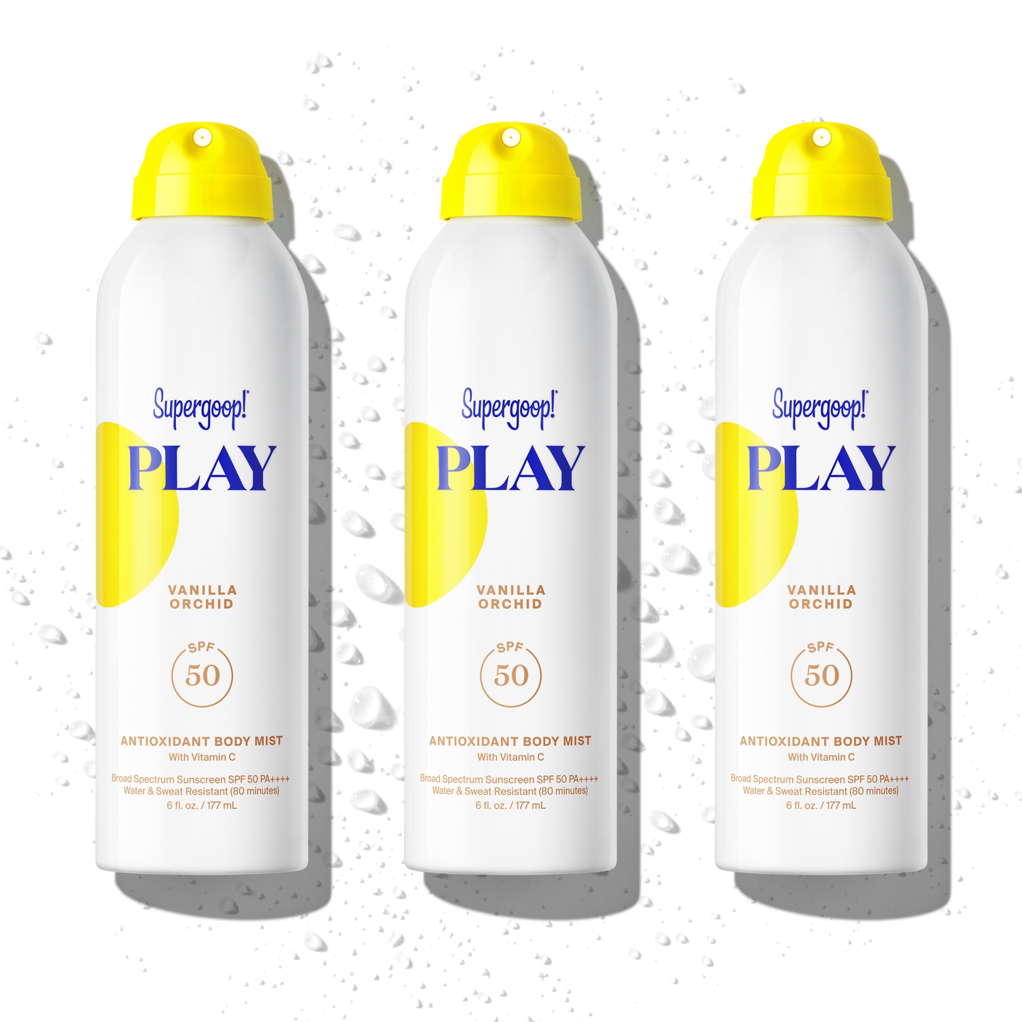 Supergoop! PLAY Antioxidant Body Mist SPF 50 with Vitamin C Vanilla Orchid 3-pack Mist Packshot and goop 