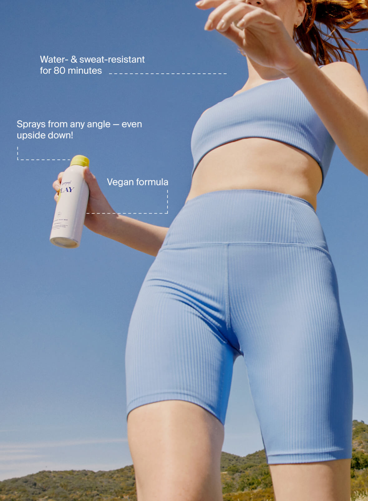Supergoop! PLAY Antioxidant Body Mist SPF 50 with Vitamin C 6 oz. 3 oz. 2-pack.  Water and sweat resistant for 80 minutes. Sprays from any angle even upside down and vegan formula