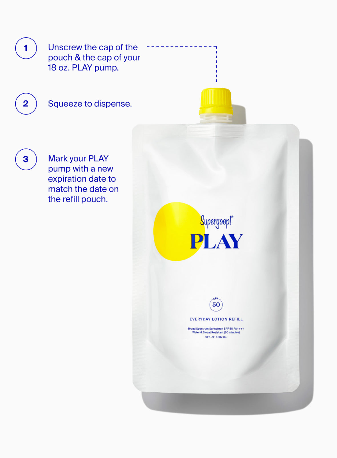 Supergoop! PLAY Everyday Lotion SPF 50 Pump Refill Pouch / 18 oz. unscrew the cap of the pouch and squeeze to dispense then mark your play pumpw ith a new expiration date to match the refill