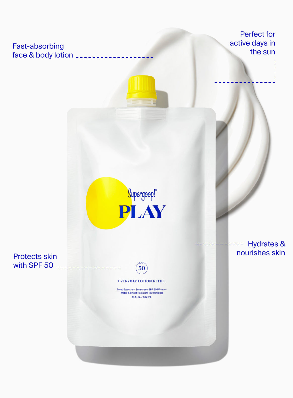 Supergoop! PLAY Everyday Lotion SPF 50 Pump Refill Pouch  / 18 oz. Fast absorbing and perfect for active days protects skin with SPF 50 and hydrates and nourishes skin