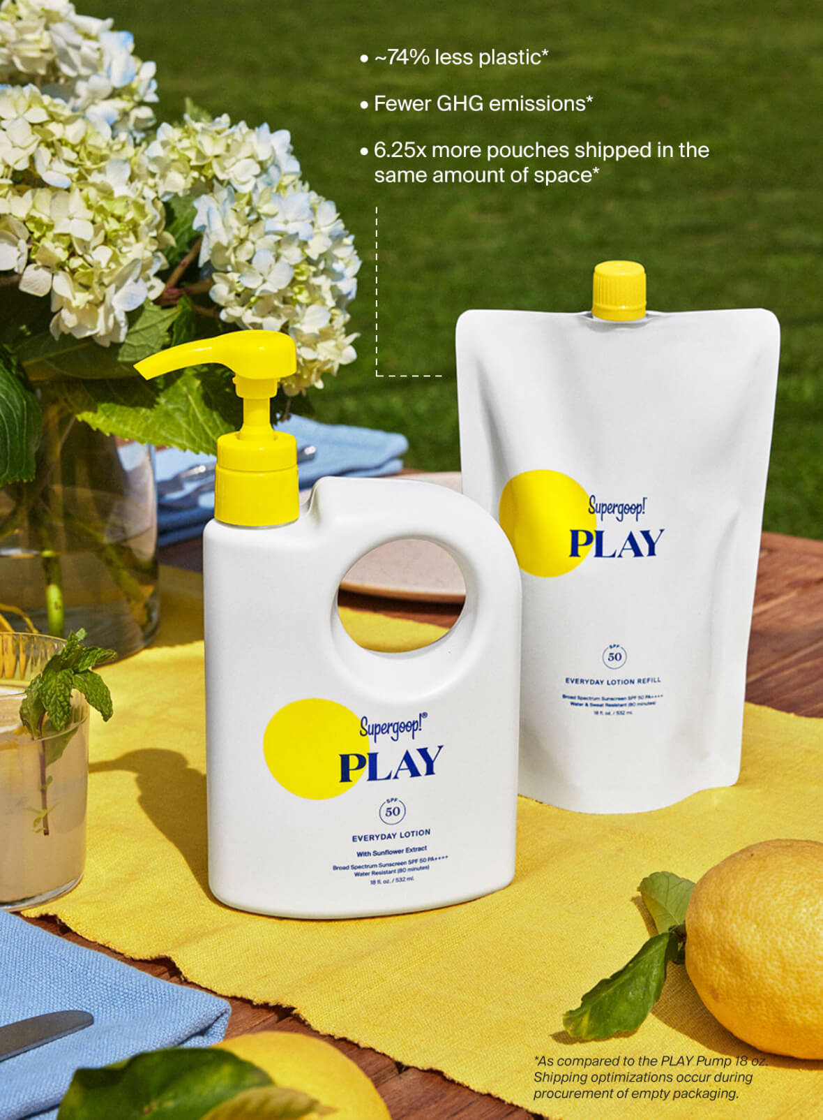 Supergoop! PLAY Everyday Lotion SPF 50 Pump Refill Pouch / 18 oz. 74% less plastic fewer GHG emissions and 6.25x more pouches shipped in the same amount of space