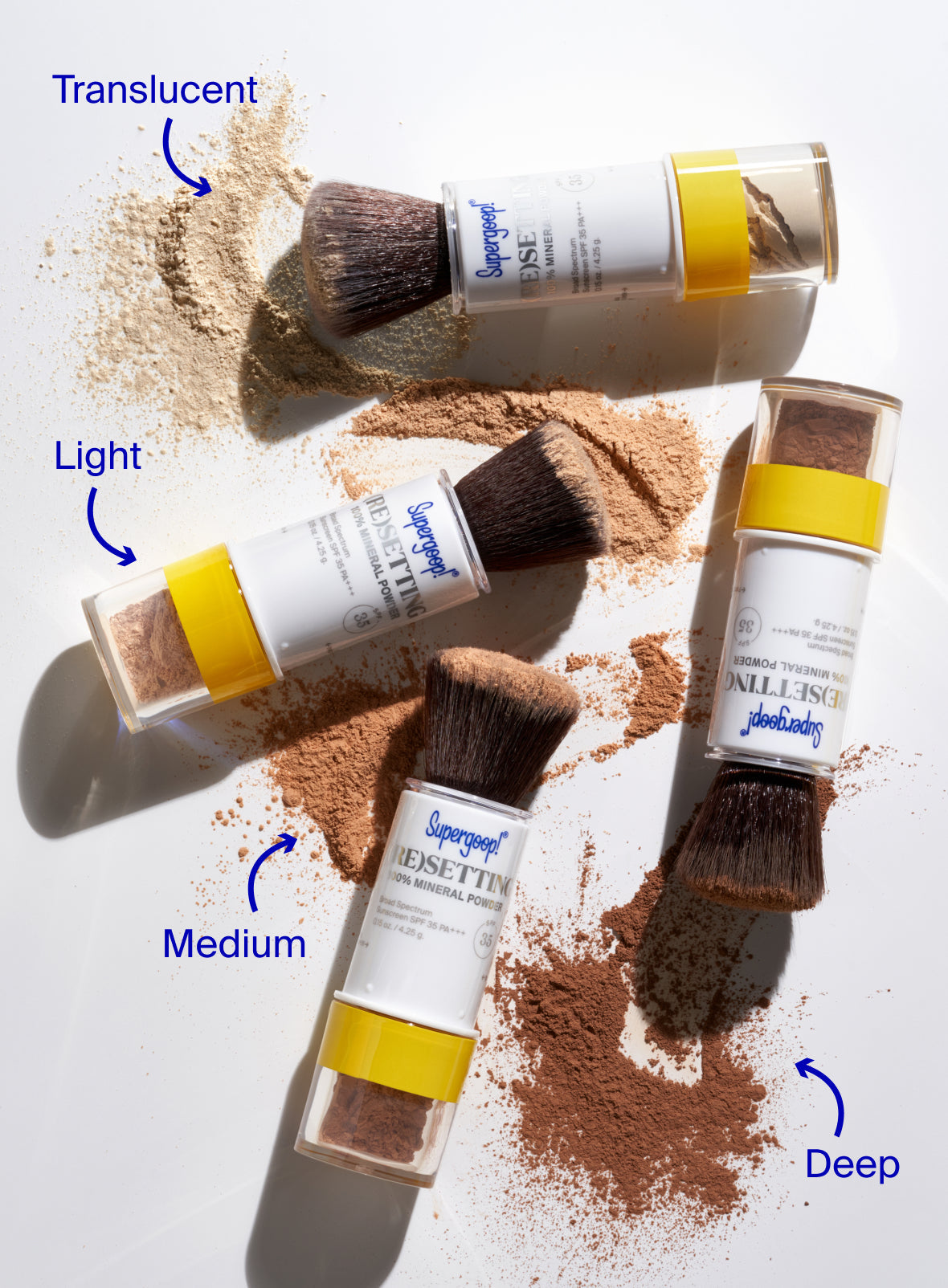 (Re)setting 100% Mineral Powder SPF 35 group shot of all shades in Translucent Light Medium Deep annotation of each shade per product