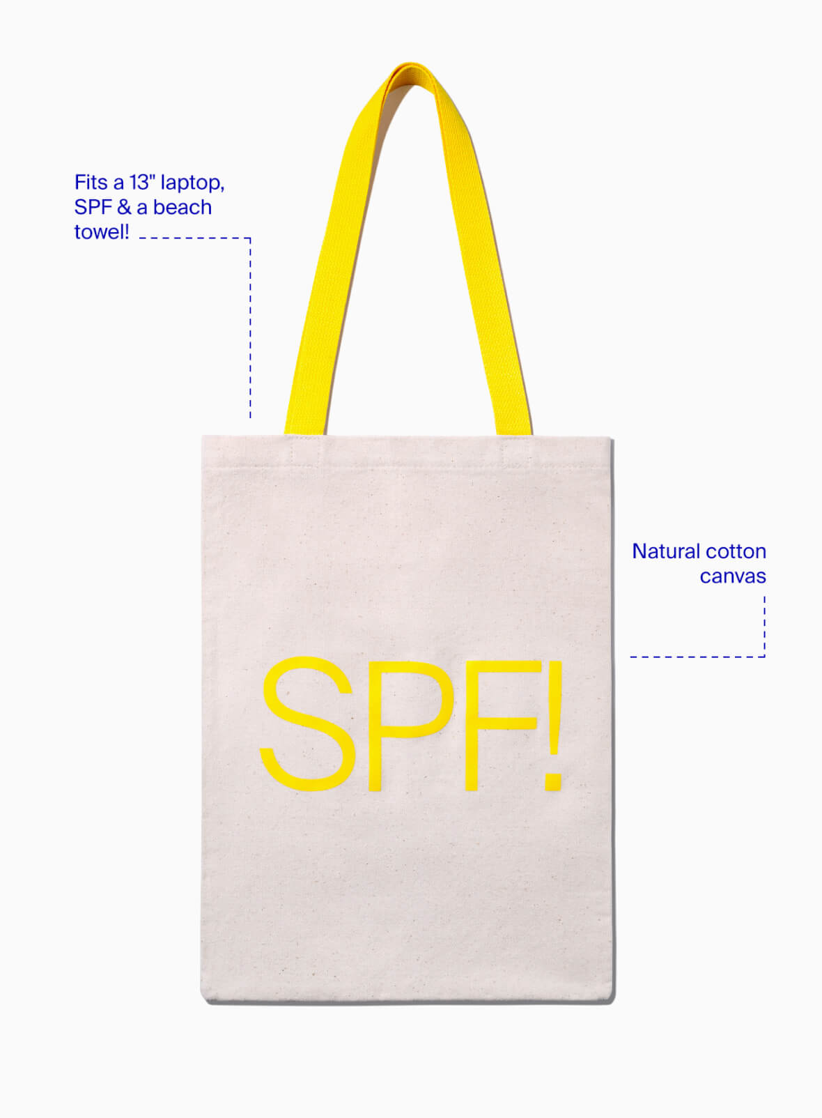 SPF! Canvas Tote Bag Packshot Bag fits 13 in laptop, SPF and a beach towel, made from natural cotton canvas