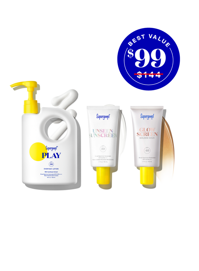 Supergoop! Award Winners SPF Super! Set PLAY Everyday Lotion SPF 50 with Sunflower Extract 18 fl. oz. Unseen Sunscreen SPF 40 1.7 fl. oz. Glowscreen SPF 40 Sunrise, Dawn, Golden Hour, Sunset / 1.7 fl. oz. goop
