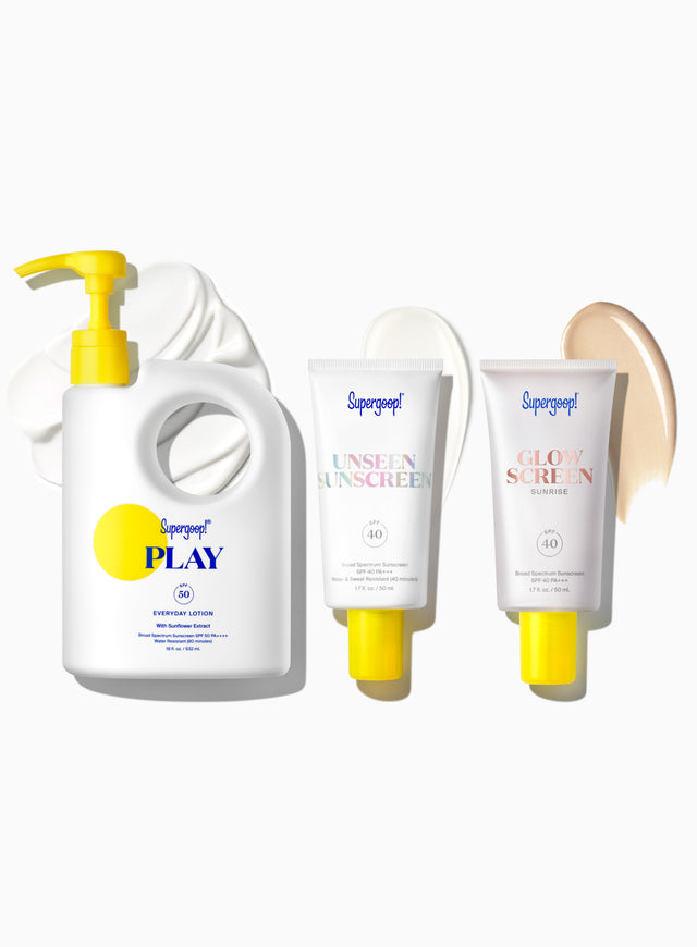 Supergoop! Award Winners SPF Super! Set PLAY Everyday Lotion SPF 50 with Sunflower Extract 18 fl. oz. Unseen Sunscreen SPF 40 1.7 fl. oz. Glowscreen SPF 40 Sunrise / 1.7 fl. oz. Packshot and goop