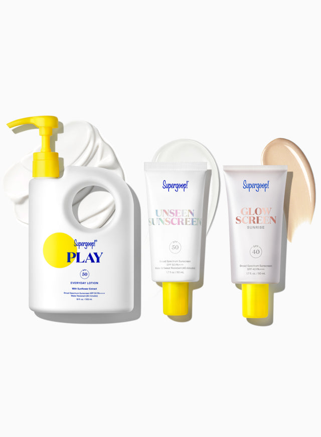 Supergoop! Award Winners SPF Super! Set PLAY Everyday Lotion SPF 50 with Sunflower Extract 18 fl. oz. Unseen Sunscreen SPF 50 1.7 fl. oz. Glowscreen SPF 40 Sunrise / 1.7 fl. oz. Packshot and goop