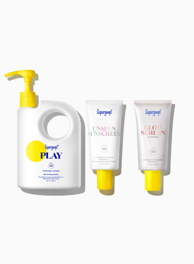 Supergoop! Award Winners SPF Super! Set PLAY Everyday Lotion SPF 50 with Sunflower Extract 18 fl. oz. Unseen Sunscreen SPF 40 1.7 fl. oz. Glowscreen SPF 40 Sunrise / 1.7 fl. oz. Packshot