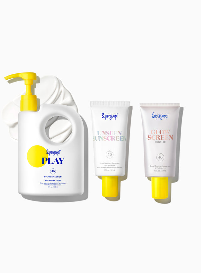 Supergoop! Award Winners SPF Super! Set PLAY Everyday Lotion SPF 50 with Sunflower Extract 18 fl. oz. Unseen Sunscreen SPF 50 1.7 fl. oz. Glowscreen SPF 40 Sunrise / 1.7 fl. oz. Packshot