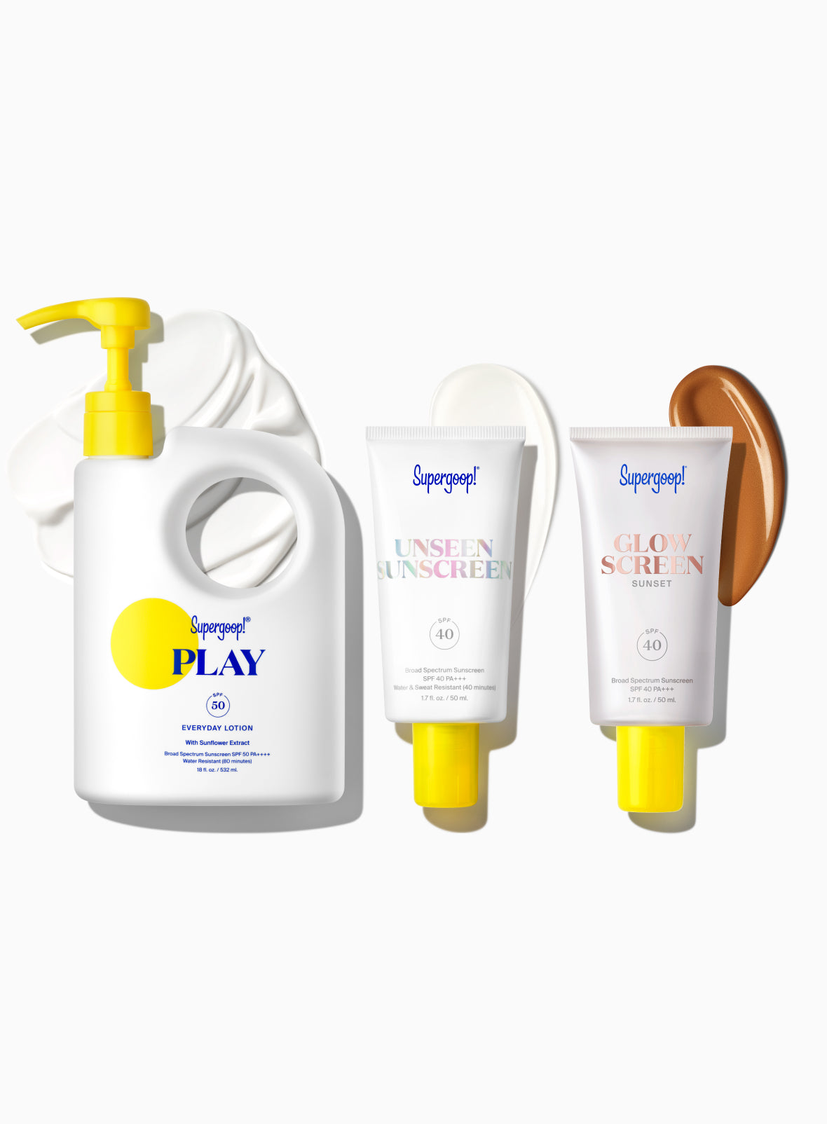 Supergoop! Award Winners SPF Super! Set PLAY Everyday Lotion SPF 50 with Sunflower Extract 18 fl. oz. Unseen Sunscreen SPF 40 1.7 fl. oz. Glowscreen SPF 40 Sunset / 1.7 fl. oz. Packshot and goop