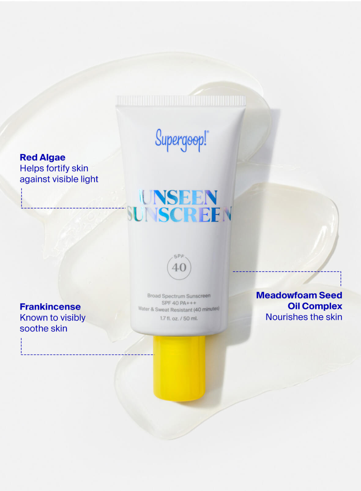 Supergoop! Unseen Sunscreen SPF 40 2.5 fl. oz. 1.7 fl. oz. 1 fl. oz. 2-pack and 0.68 fl. oz. benefits callout. Red Algae: Helps increase skin moisture & protect against all visible light, including blue light. Frankincense: Helps the skin be resilient & provides a soothing effect. Complex Derived from Meadowfoam Oil: Helps increase hydration levels for a more even skin texture