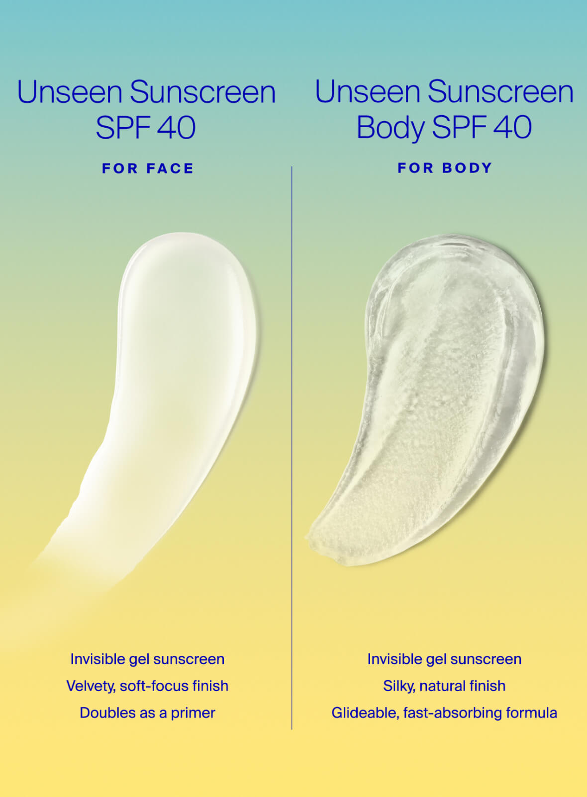 Unseen Sunscreen Body SPF 40 3.4 oz. side by side comparison of Unseen Sunscreen SPF 40 for face: invisible gel sunscreen, velvety, soft-focus finish, doubles as a primer. Unseen Sunscreen Body SPF 40 for body: invisible gel sunscreen, silky, natural finish, glideable, fast-absorbing formula.