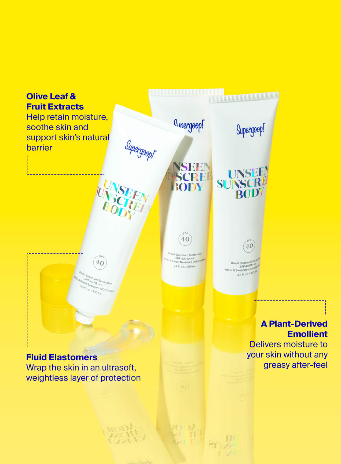 Unseen Sunscreen Body SPF 40 3.4 oz. info graphic. Olive Leaf & Fruit Extracts. Help retain moisture, soothe skin & reinforce your skin's natural barrier. Fluid Elastomers: Wrap the skin in an ultrasoft, weightless layer of protection. A Plant-Derived Emollient: Delivers moisture to your skin without any greasy after-feel.